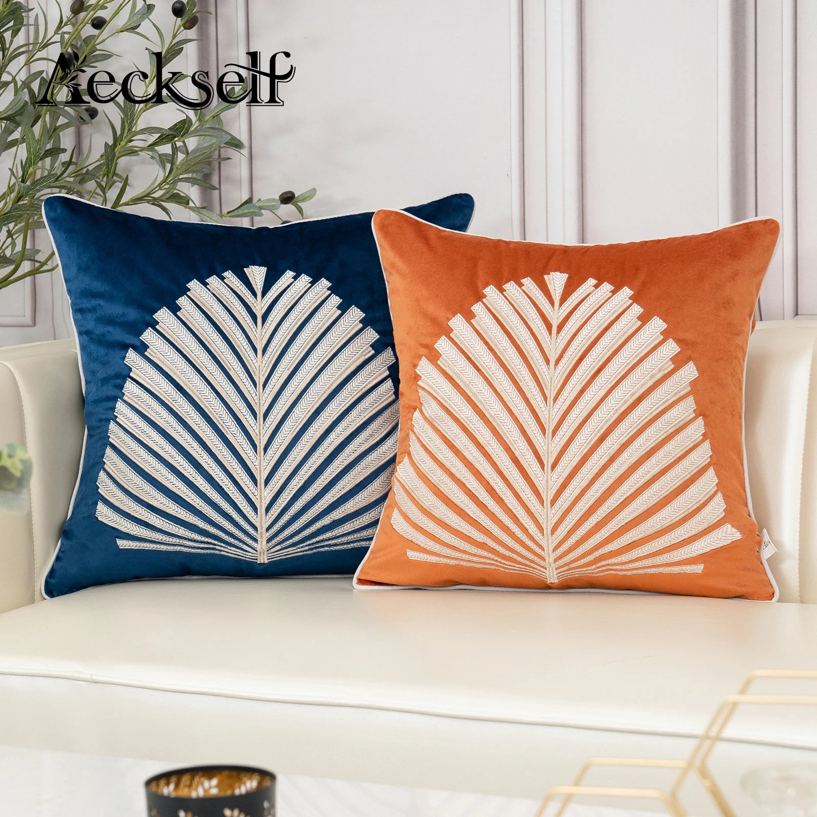 Luxury Modern Tree Leaves Embroidery Velvet Cushion Cover 