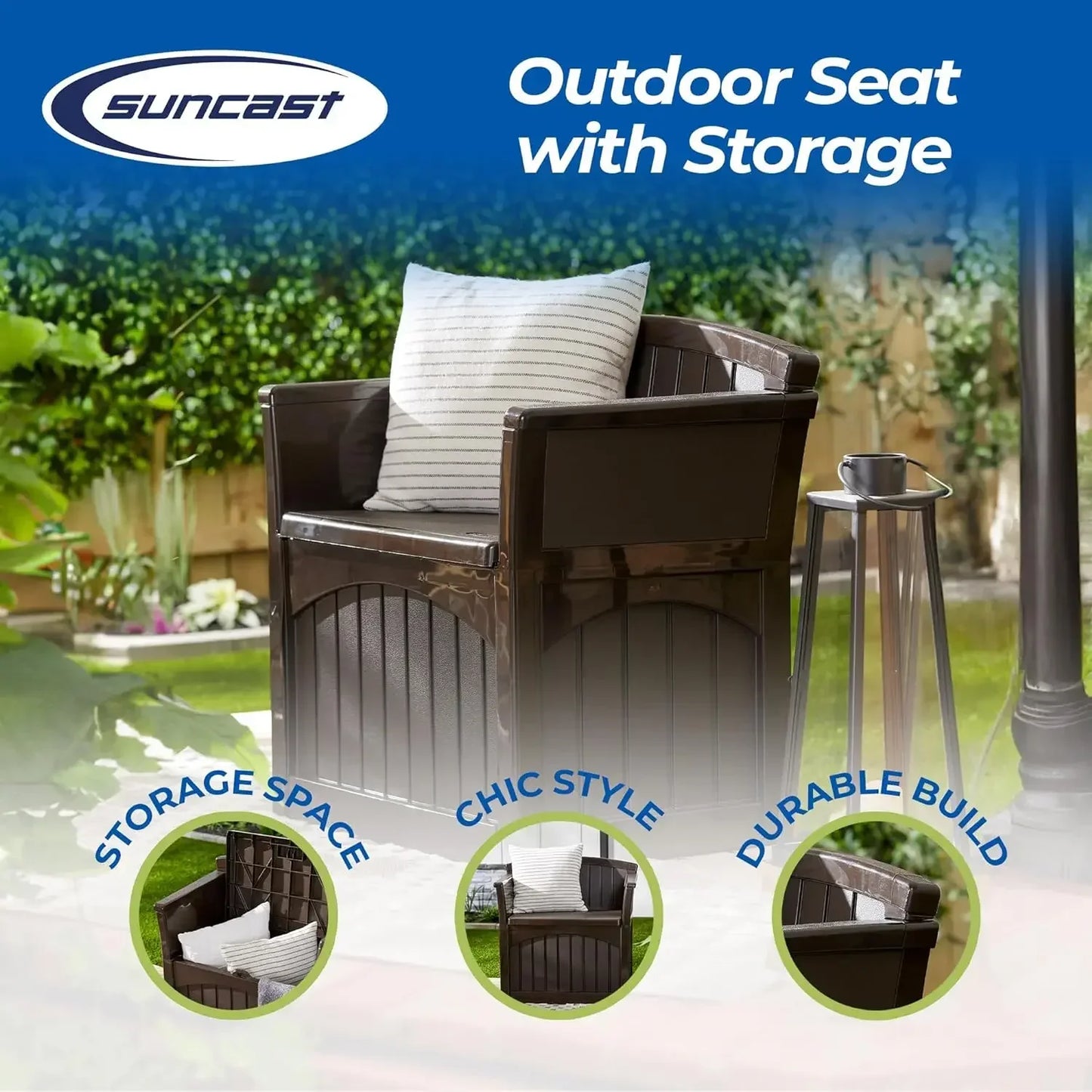 31 Gallon Outdoor Backyard Garden Patio Seat Storage and Bench Chair with Arm Rest, Java