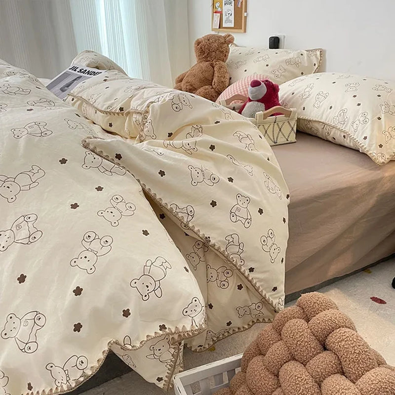 Bedding Set INS Girls Cherry Soft Washed Cotton Bed Sheet Queen King Size Duvet Set Comforter Set Pillowcase Bed Linens