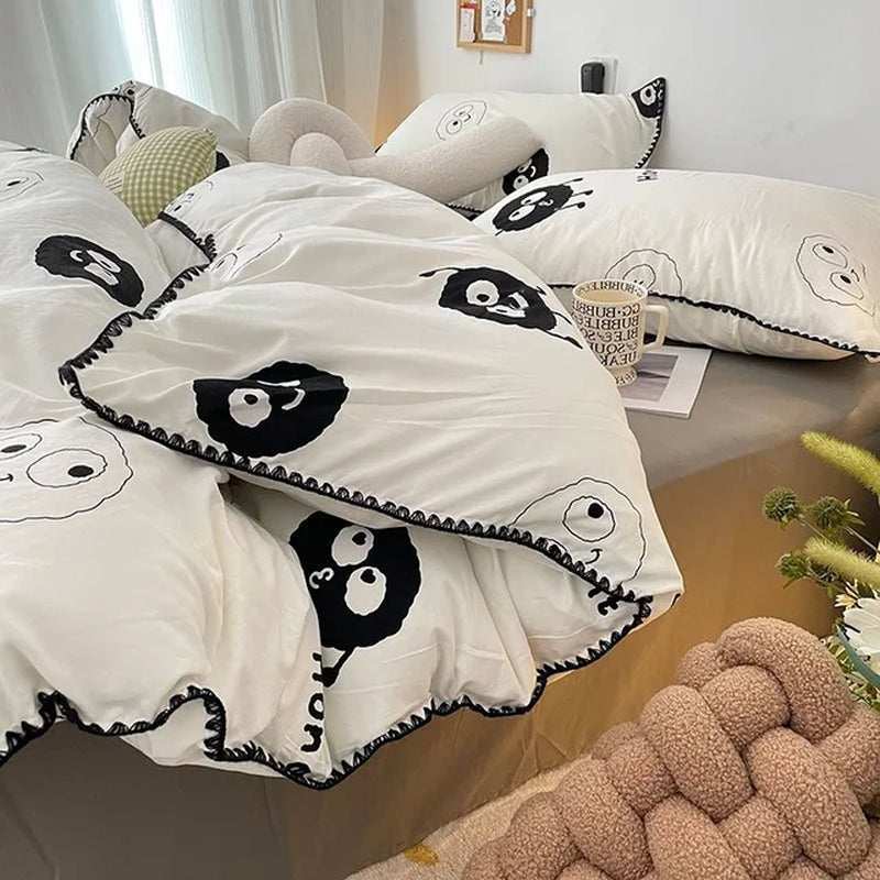Bedding Set INS Girls Cherry Soft Washed Cotton Bed Sheet Queen King Size Duvet Set Comforter Set Pillowcase Bed Linens