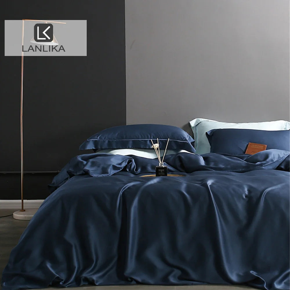 Noble Dark Blue 100% Silk Bedding Set Double Queen King Duvet Cover Flat Sheet Bed Linen Pillowcase for Sleep Gift