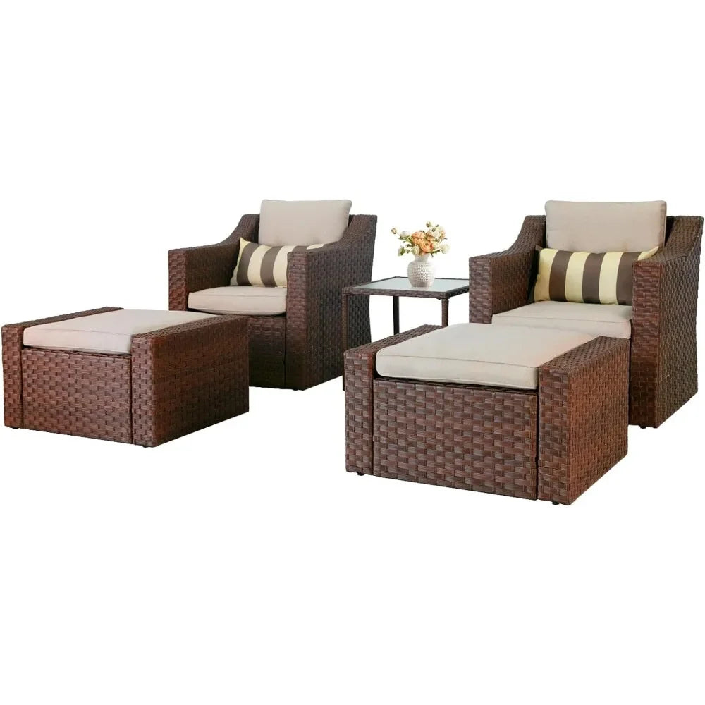 5 Piece Patio Conversation Set Outdoor Furniture Set,Brown Lounge Chair with Ottoman Footrest, W/Coffee Table&Cushions(Beige)