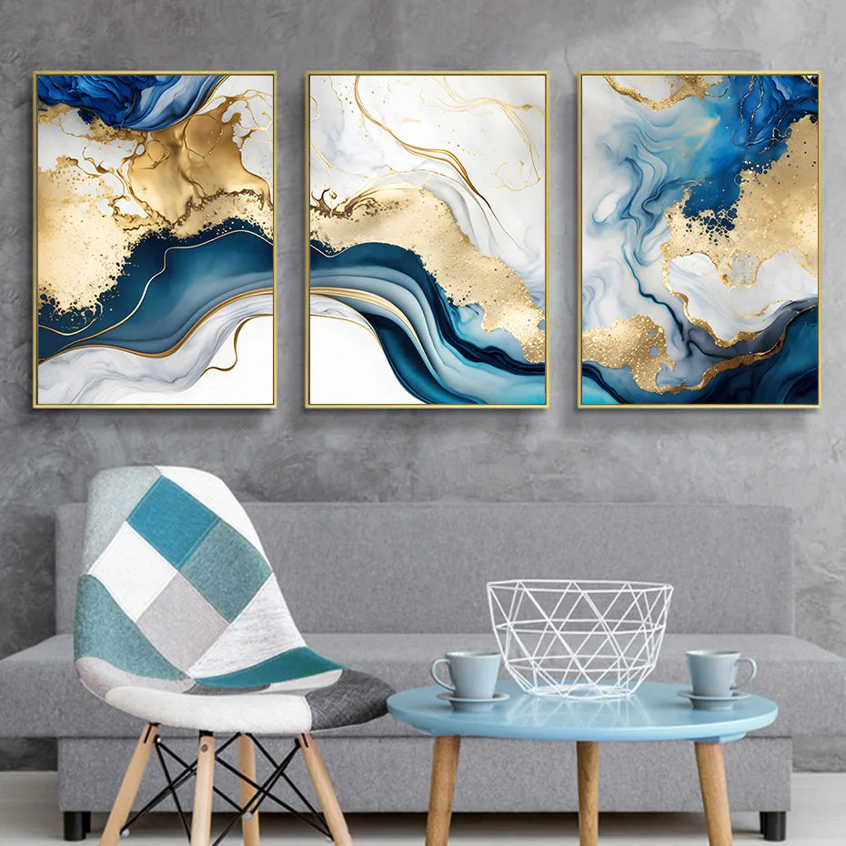 Modern Abstract Gold Blue Marble Wall Art Posters Canvas Painting Prints 