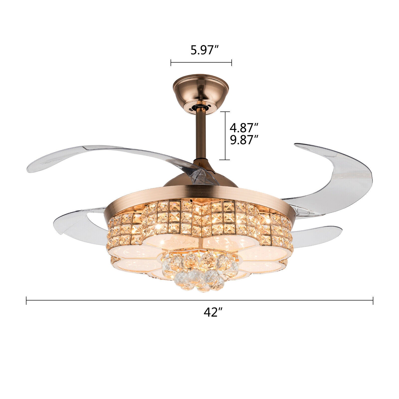 42" Crystal Ceiling Fan with Light, LED Dimmable Gold 3-Color 3-Speed Retractable Pendant Fan Lamp W/Remote