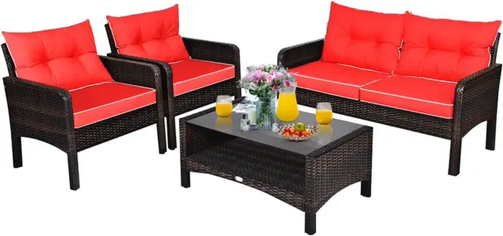 4 Piece Patio Furniture Set, Outdoor Wicker Conversation Set with Glass Top Coffee Table, Outdoor Patio Furniture Sets