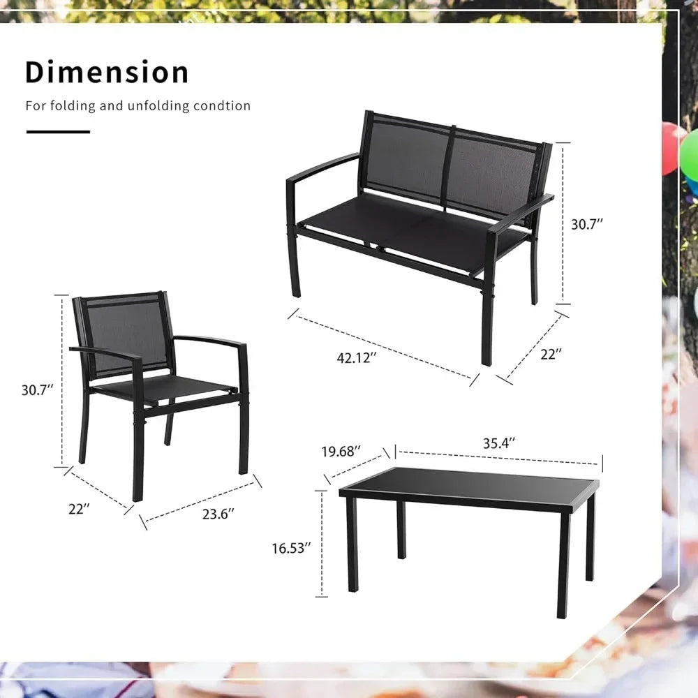4 Pieces Patio Furniture Set All Weather Textile Fabric Outdoor,Glass Coffee Table,2 Single Chairs Black Garden Furniture Sets