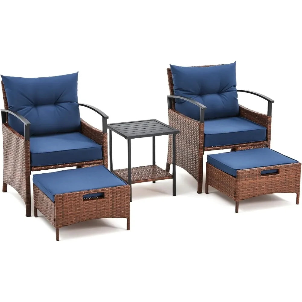 5 Pieces Patio Furniture Set,Outdoor Rattan Chairs with Metal Coffee Table, Soft Cushions,Wicker Conversation Bistro Set (Blue)
