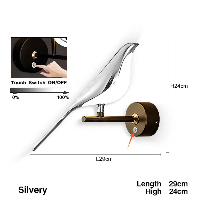Magpie Bird Touch Switch LED Wall Lamps for Sofa Background Bedside Indoor 360° Rotatable Indoor LED Wall Lighting Wall Sconce