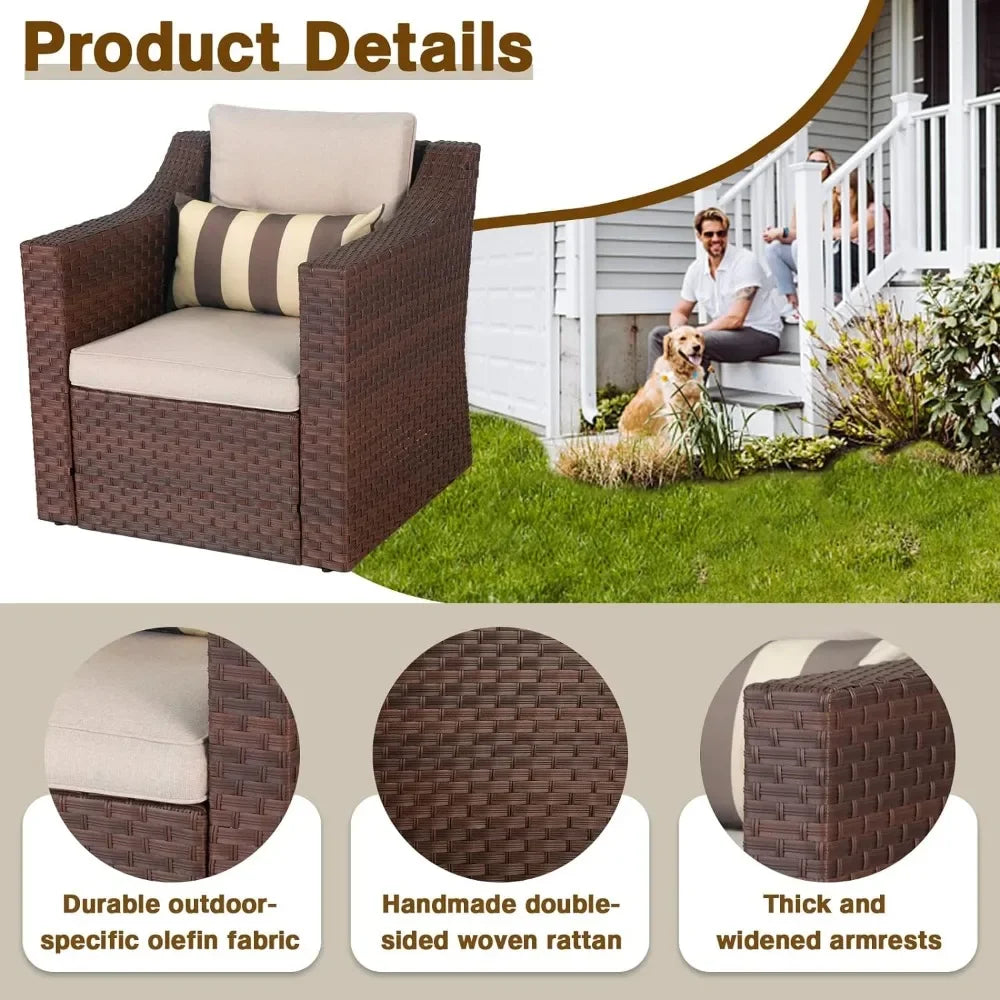 5 Piece Patio Conversation Set Outdoor Furniture Set,Brown Lounge Chair with Ottoman Footrest, W/Coffee Table&Cushions(Beige)