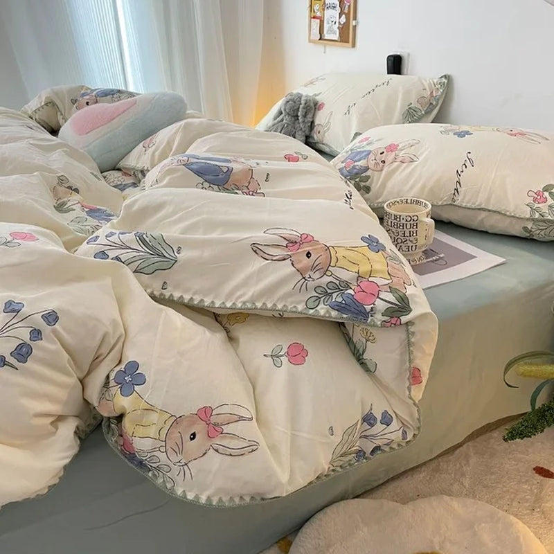 Bedding Set INS Girls Cherry Soft Washed Cotton Bed Sheet Queen King Size Duvet Set Comforter Set Pillowcase Bed Linens