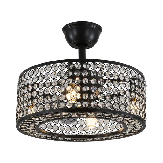 18" Caged Crystal Ceiling Fan Light Modern Enclosed Invisible Chandelier 7 Blades 3 Speed Remote Pendant Lamp 4Xe14