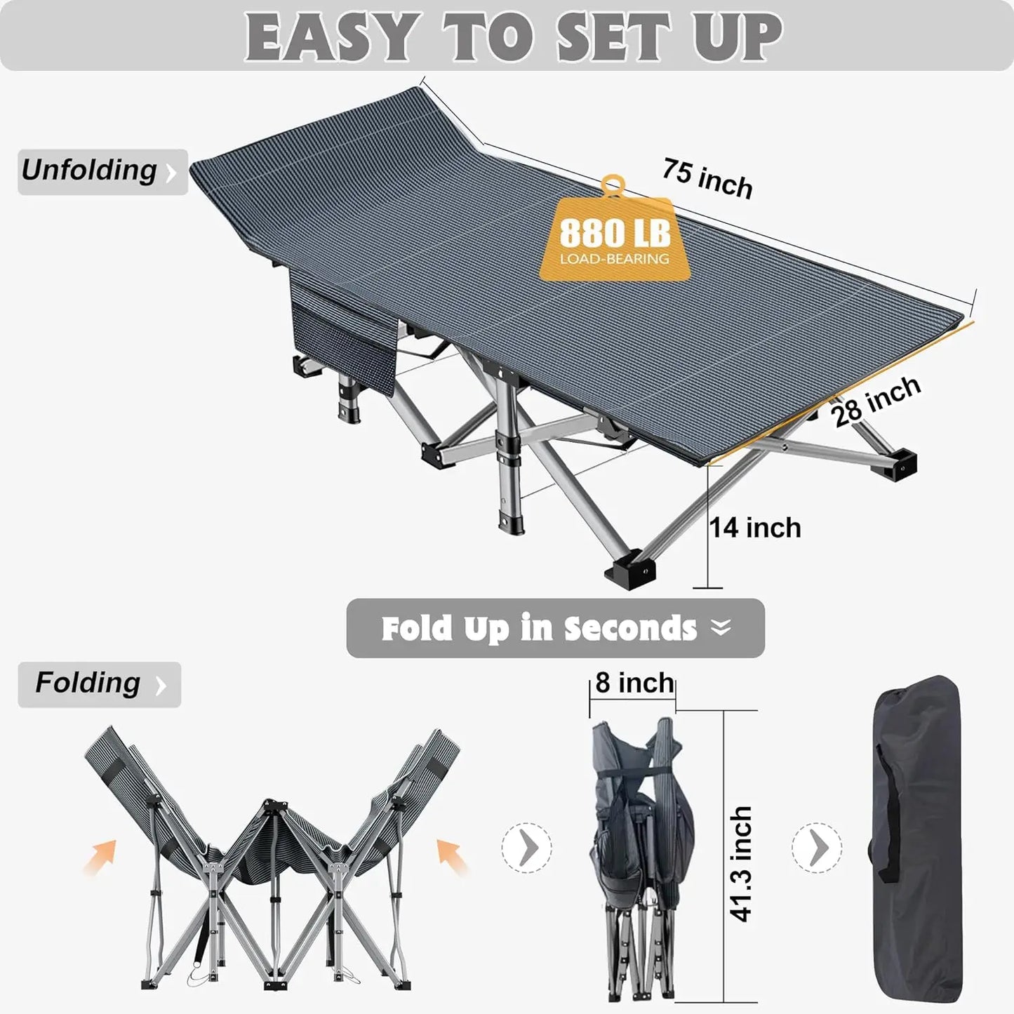 Folding Camping Bed W/Adult Mat, Heavy Outdoor Bed with Portable Bag, 1200 D Layer Oxford Travel Camping Bed