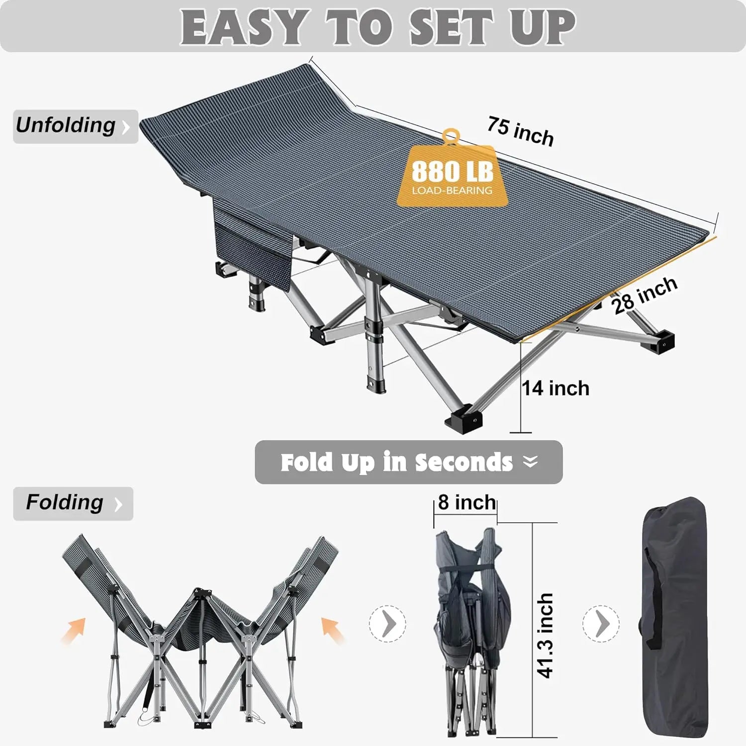 Folding Camping Bed W/Adult Mat, Heavy Outdoor Bed with Portable Bag, 1200 D Layer Oxford Travel Camping Bed