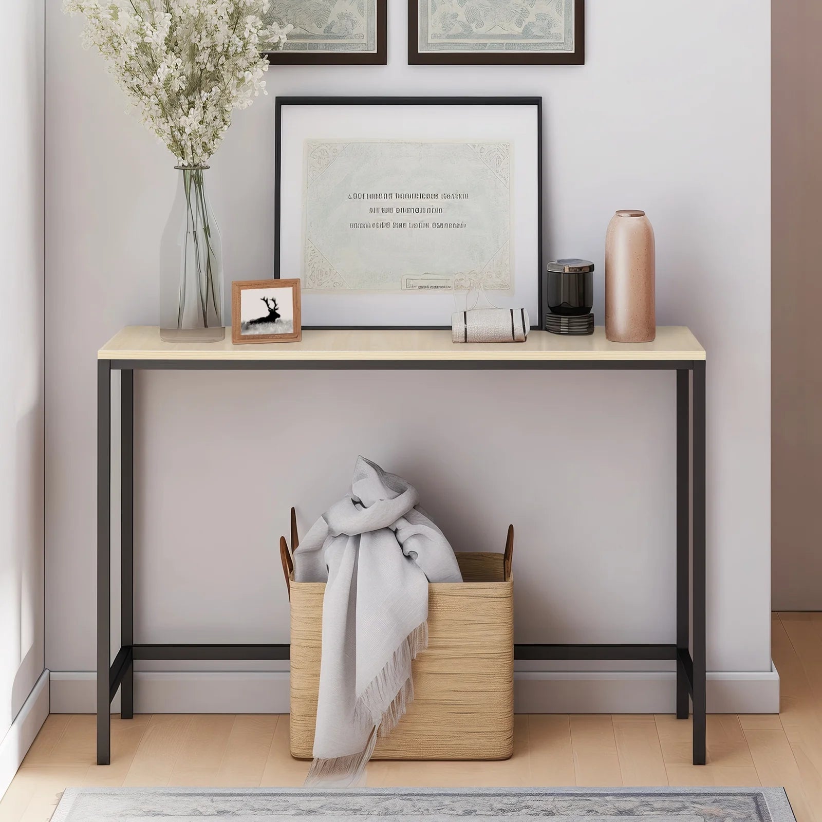 Modern Console Table Sofa Table TV Stand with Sturdy Metal Frame in Entryway, Living Room, Hallway, Bedroom, Hotel, Light Walnut