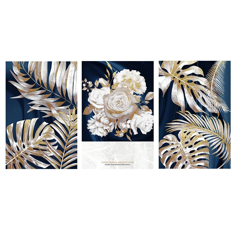 Blue Gold Plant Leaf Abstract Poster Nordic Canvas Painting Wall Art Picture No Frame for Living Room Bedroom Modern Home Decor