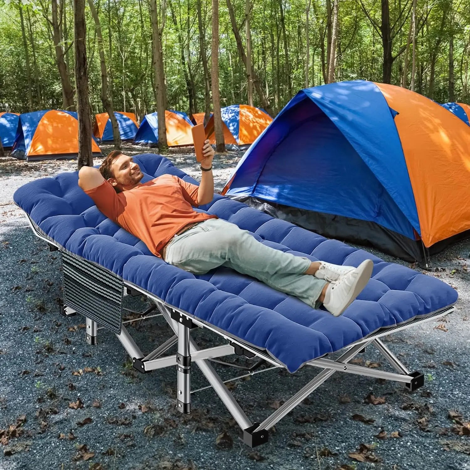 Folding Camping Bed W/Adult Mat, Heavy Outdoor Bed with Portable Bag, 1200 D Layer Oxford Travel Camping Bed