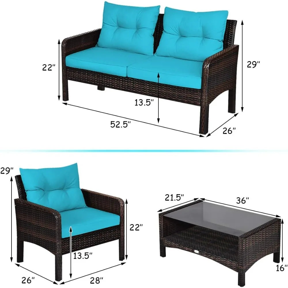 4 Piece Patio Furniture Set, Outdoor Wicker Conversation Set with Glass Top Coffee Table, Outdoor Patio Furniture Sets