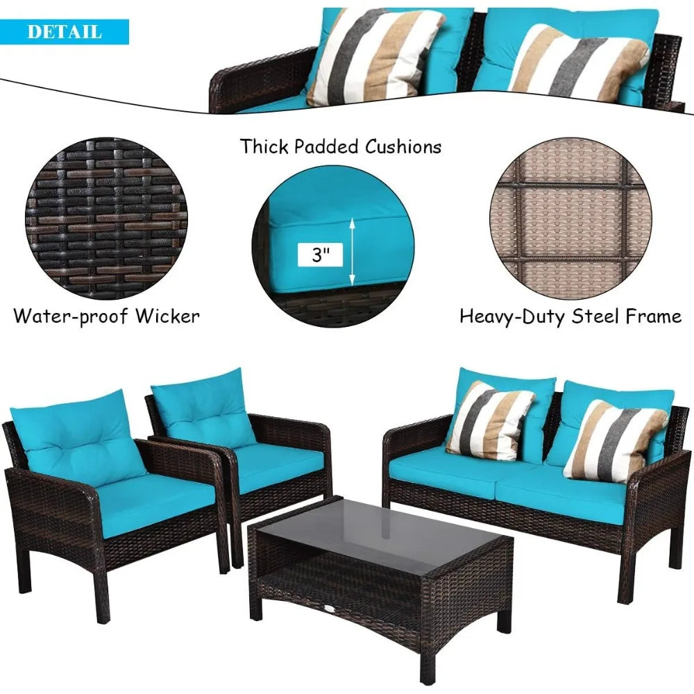 4 Piece Patio Furniture Set, Outdoor Wicker Conversation Set with Glass Top Coffee Table, Outdoor Patio Furniture Sets
