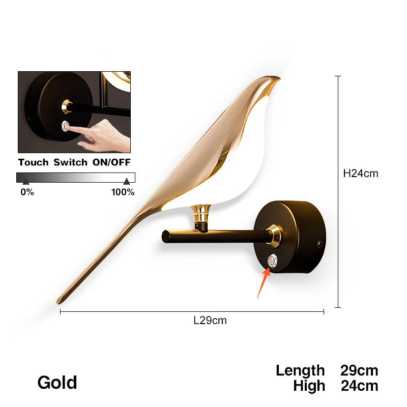Magpie Bird Touch Switch LED Wall Lamps for Sofa Background Bedside Indoor 360° Rotatable Indoor LED Wall Lighting Wall Sconce