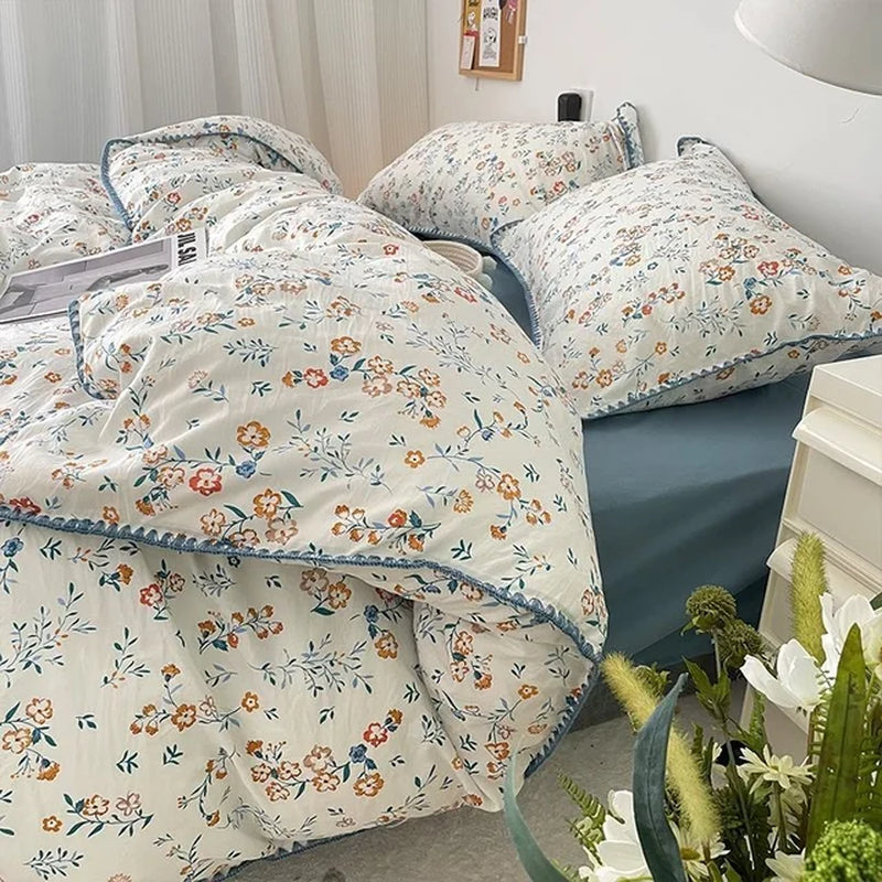 Bedding Set INS Girls Cherry Soft Washed Cotton Bed Sheet Queen King Size Duvet Set Comforter Set Pillowcase Bed Linens