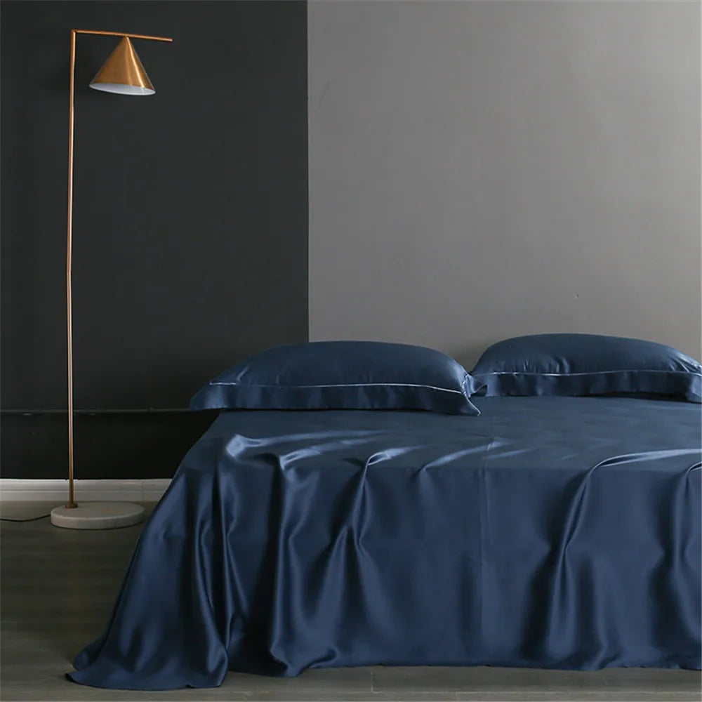 Noble Dark Blue 100% Silk Bedding Set Double Queen King Duvet Cover Flat Sheet Bed Linen Pillowcase for Sleep Gift