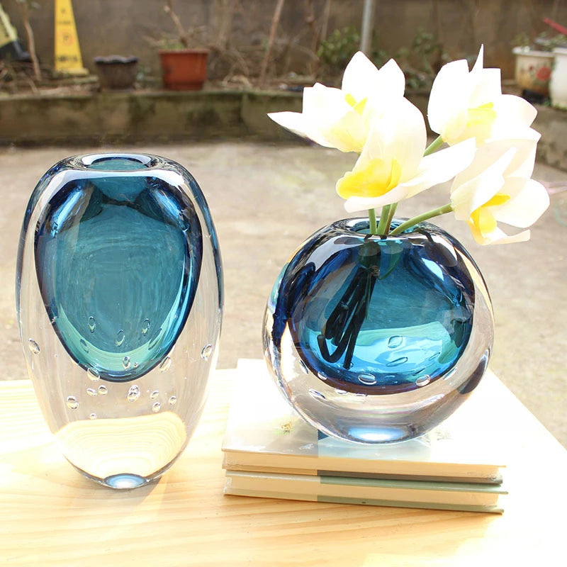 Blue Crystal Glass Vase Thick Glass Hydroponics Terrarium Flower Vase