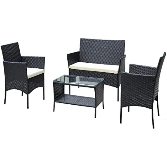 4 Piece Outdoor, Small Wicker Patio Conversation Furniture Rattan Chair Set with Tempered Glass Coffee Table for Backyard Porch