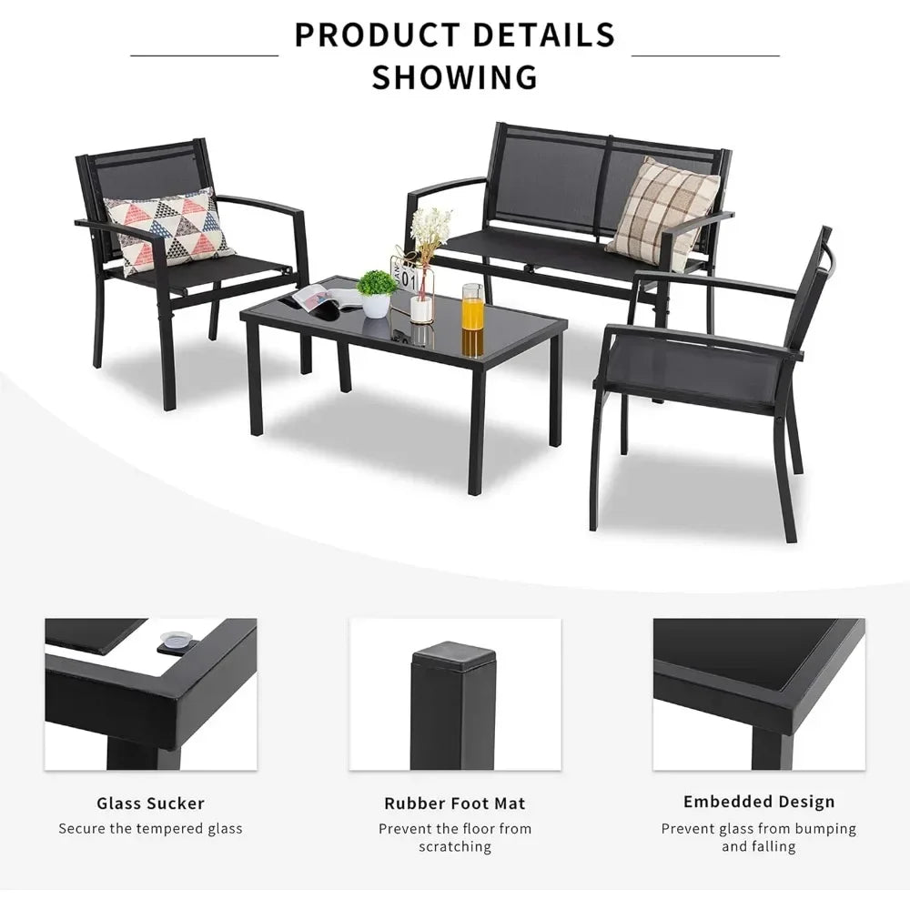 4 Pieces Patio Furniture Set All Weather Textile Fabric Outdoor,Glass Coffee Table,2 Single Chairs Black Garden Furniture Sets