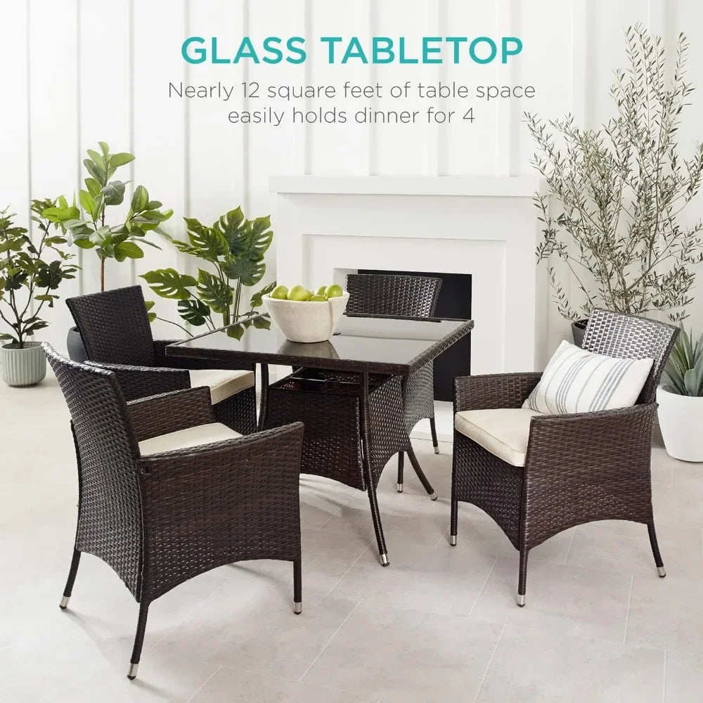 5-Piece Indoor Outdoor Wicker Dining Set Furniture for Patio, Backyard W/Square Glass Tabletop, Umbrella Cutout, 4 Chairs