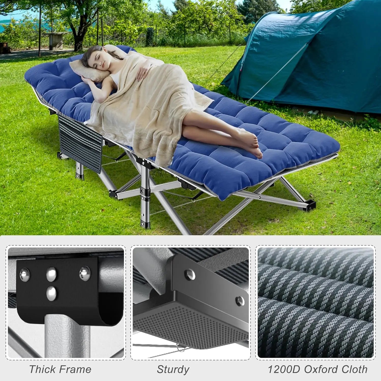 Folding Camping Bed W/Adult Mat, Heavy Outdoor Bed with Portable Bag, 1200 D Layer Oxford Travel Camping Bed