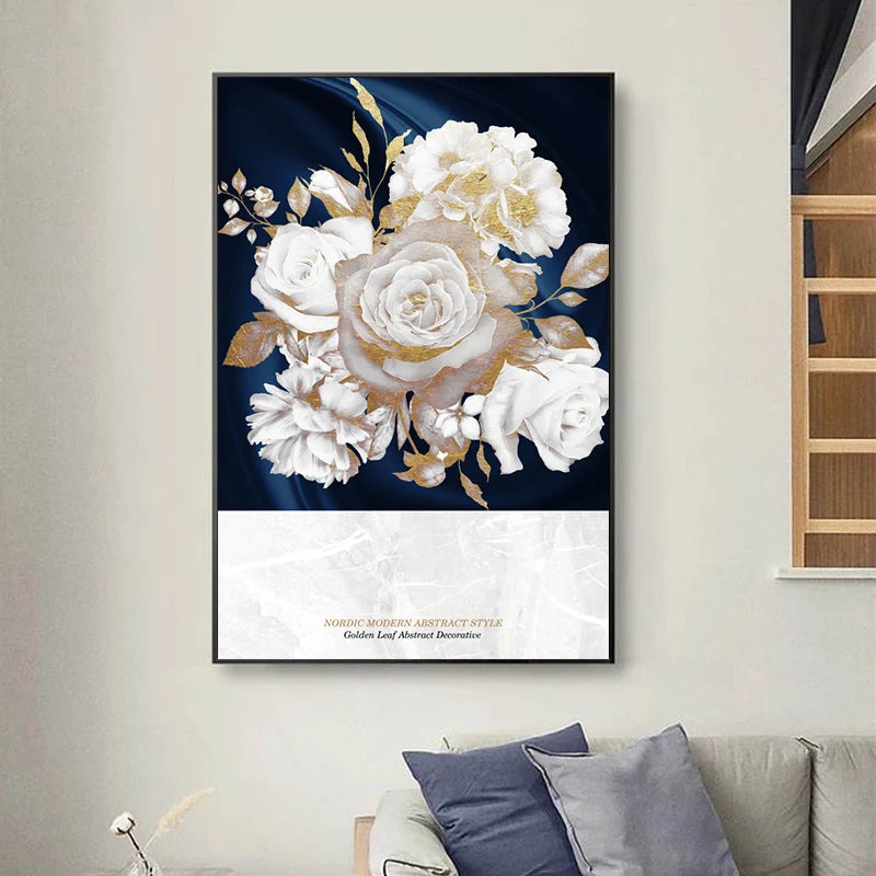 Blue Gold Plant Leaf Abstract Poster Nordic Canvas Painting Wall Art Picture No Frame for Living Room Bedroom Modern Home Decor