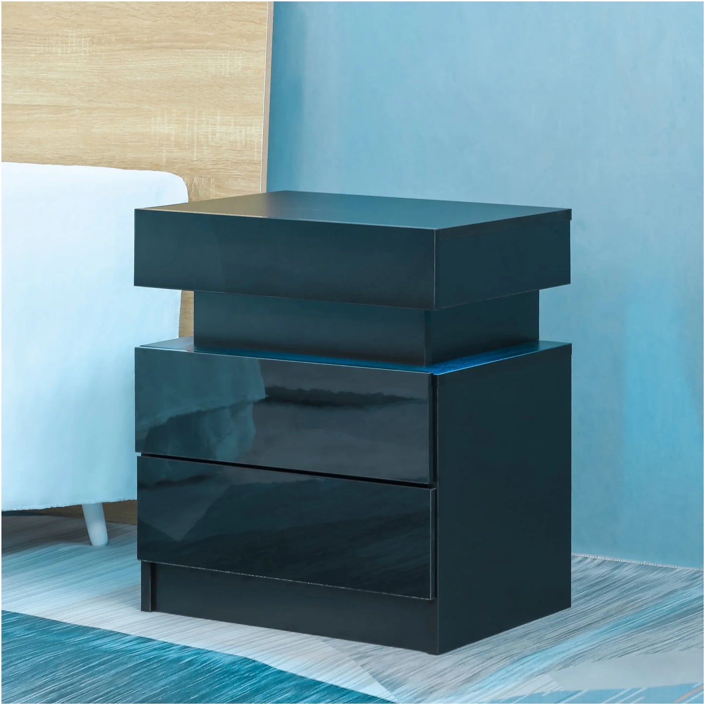 End Table with LED Lights, Storage Table with 2 Drawers, Black Side Table LED Conner Table Light, Modern End Side Table for Bedroom Living Room Office