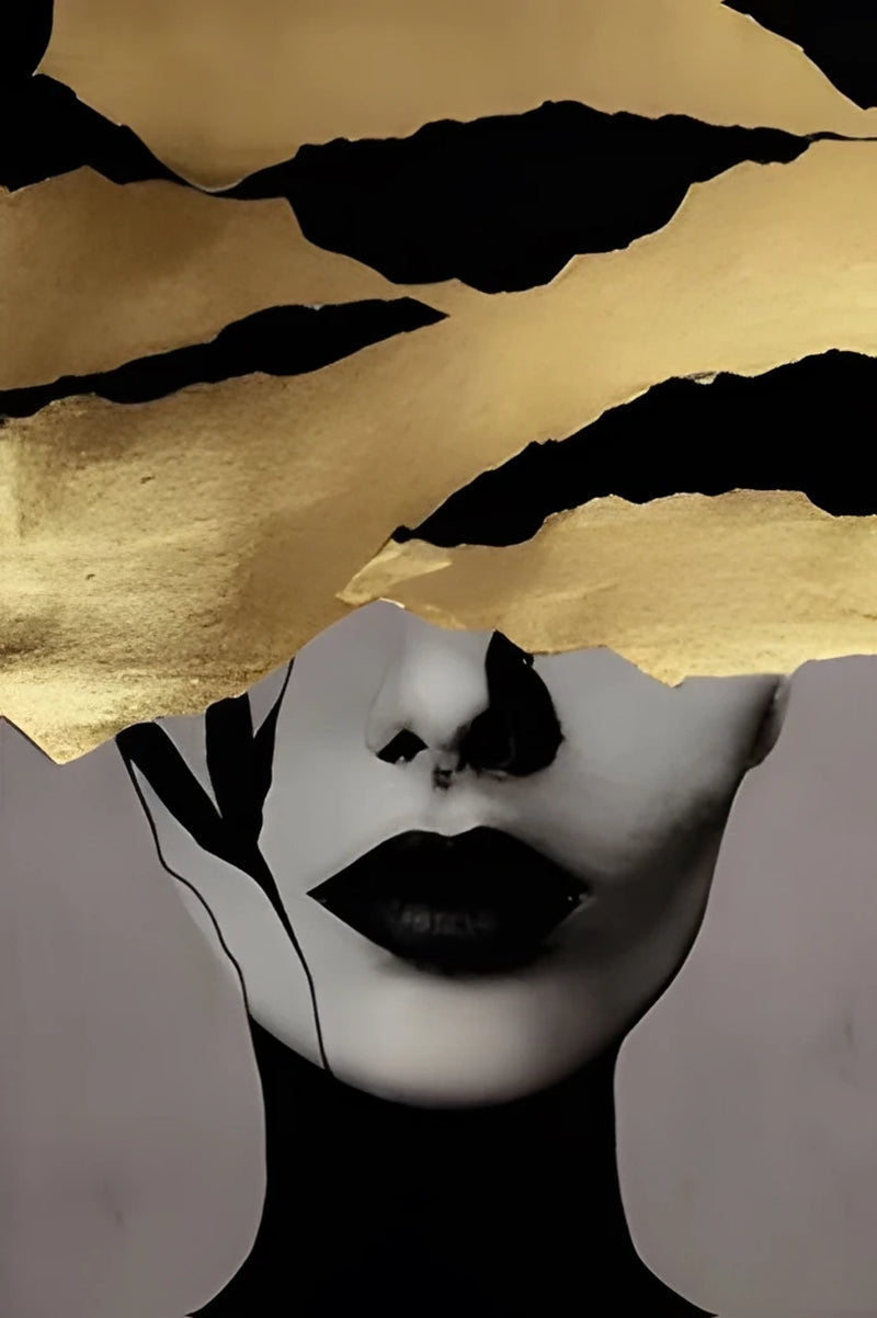 Black Gold Woman Head Print Canvas Painting, Abstract Luxury Figure Poster Wall Art, for Home Living Room Store Decor, No Frame