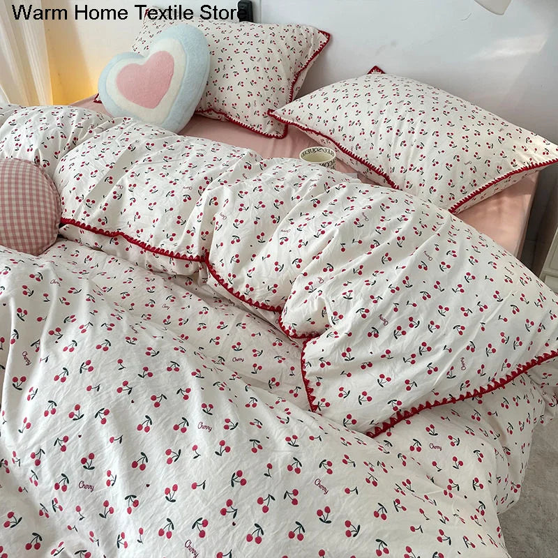Bedding Set INS Girls Cherry Soft Washed Cotton Bed Sheet Queen King Size Duvet Set Comforter Set Pillowcase Bed Linens