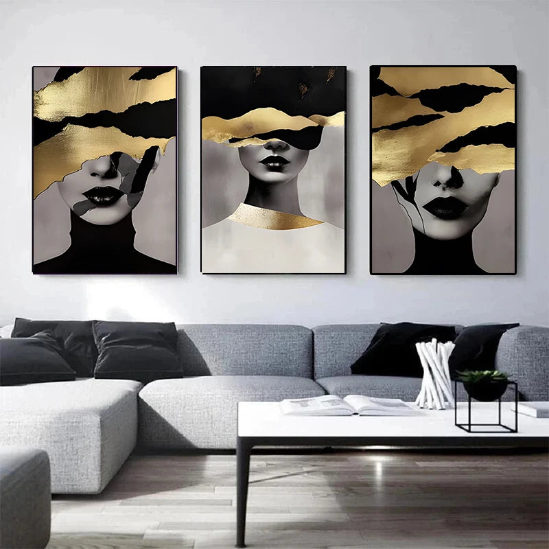 Black Gold Woman Head Print Canvas Painting, Abstract Luxury Figure Poster Wall Art, for Home Living Room Store Decor, No Frame
