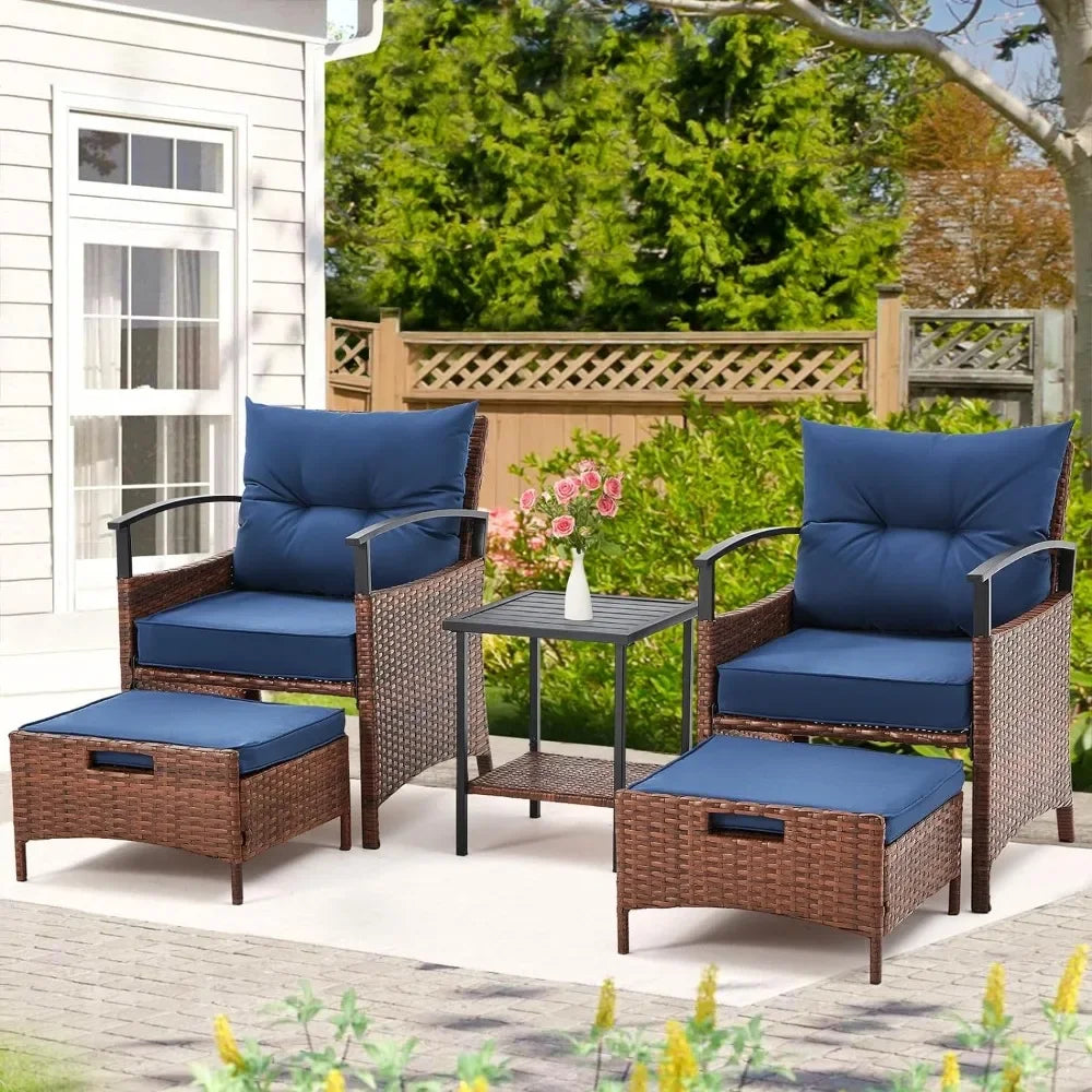 5 Pieces Patio Furniture Set,Outdoor Rattan Chairs with Metal Coffee Table, Soft Cushions,Wicker Conversation Bistro Set (Blue)