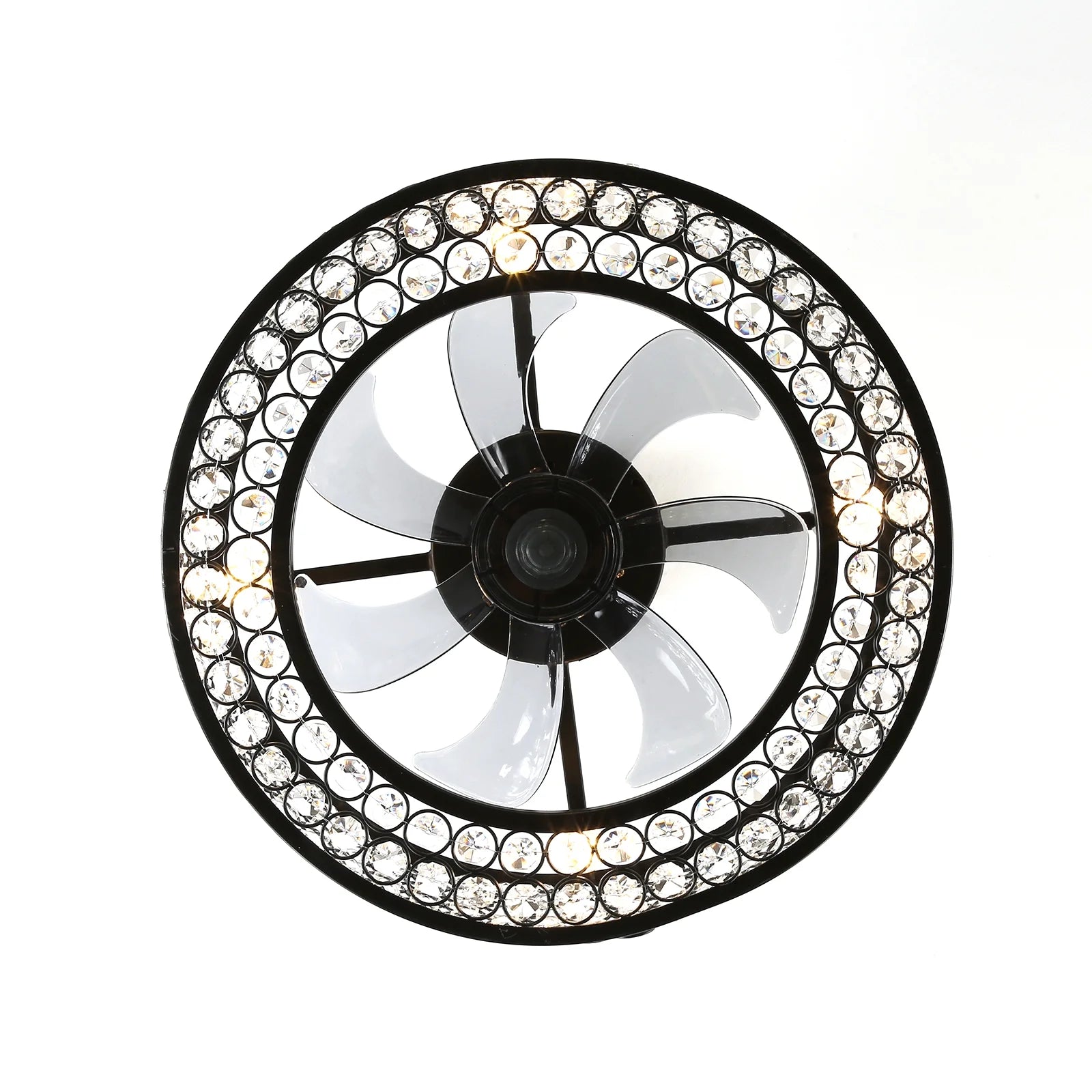 18" Caged Crystal Ceiling Fan Light Modern Enclosed Invisible Chandelier 7 Blades 3 Speed Remote Pendant Lamp 4Xe14