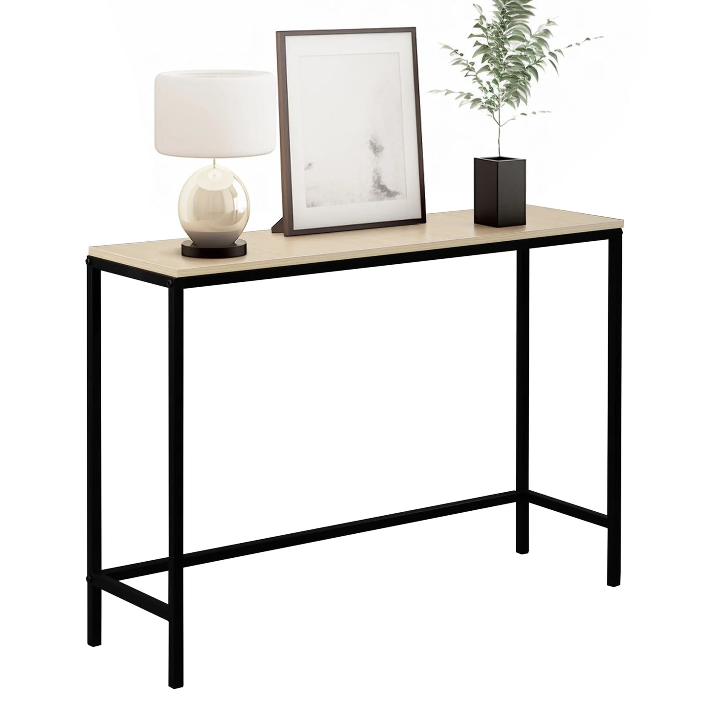 Modern Console Table Sofa Table TV Stand with Sturdy Metal Frame in Entryway, Living Room, Hallway, Bedroom, Hotel, Light Walnut