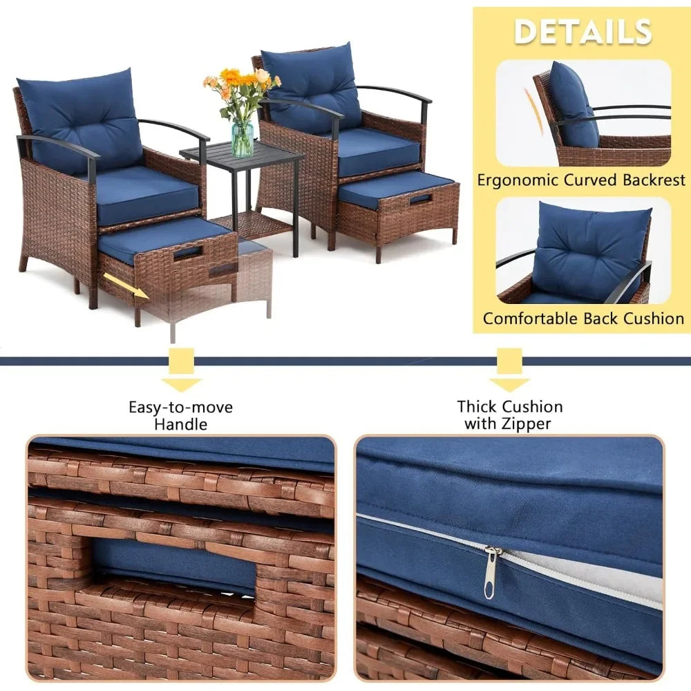5 Pieces Patio Furniture Set,Outdoor Rattan Chairs with Metal Coffee Table, Soft Cushions,Wicker Conversation Bistro Set (Blue)
