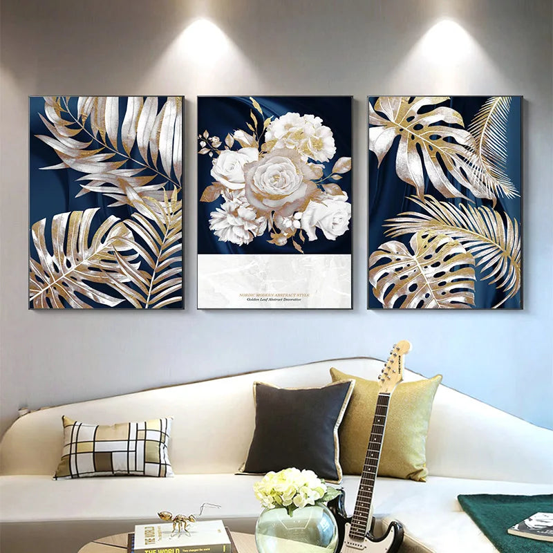 Blue Gold Plant Leaf Abstract Poster Nordic Canvas Painting Wall Art Picture No Frame for Living Room Bedroom Modern Home Decor