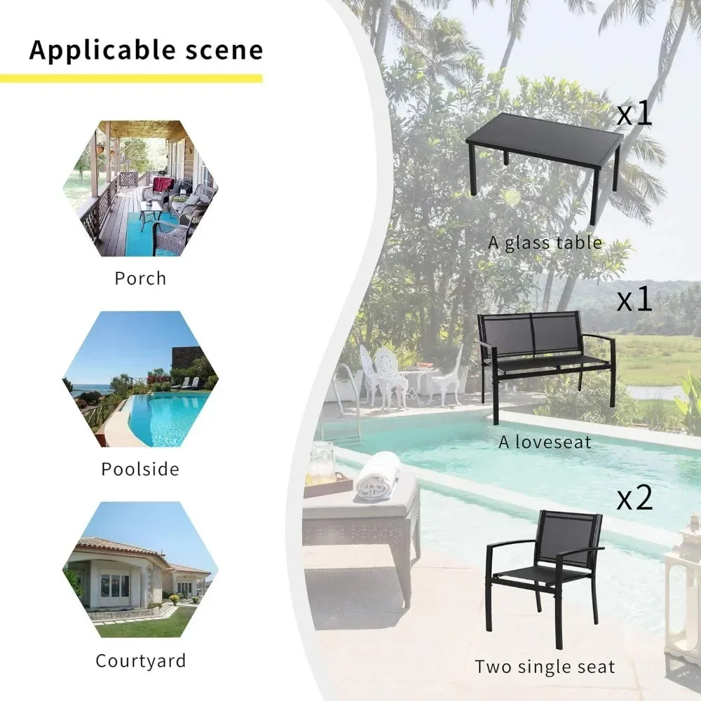 4 Pieces Patio Furniture Set All Weather Textile Fabric Outdoor,Glass Coffee Table,2 Single Chairs Black Garden Furniture Sets