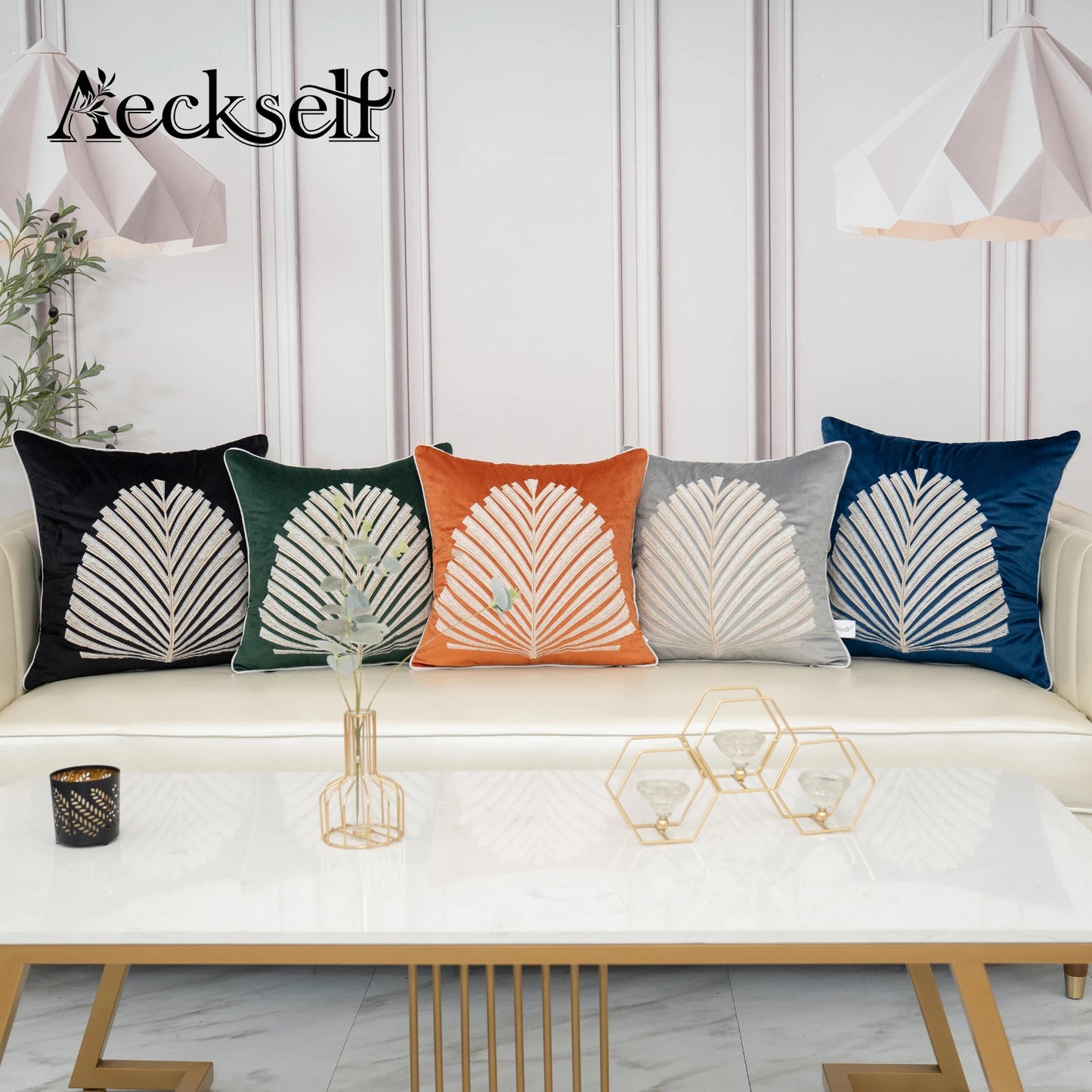 Luxury Modern Tree Leaves Embroidery Velvet Cushion Cover 