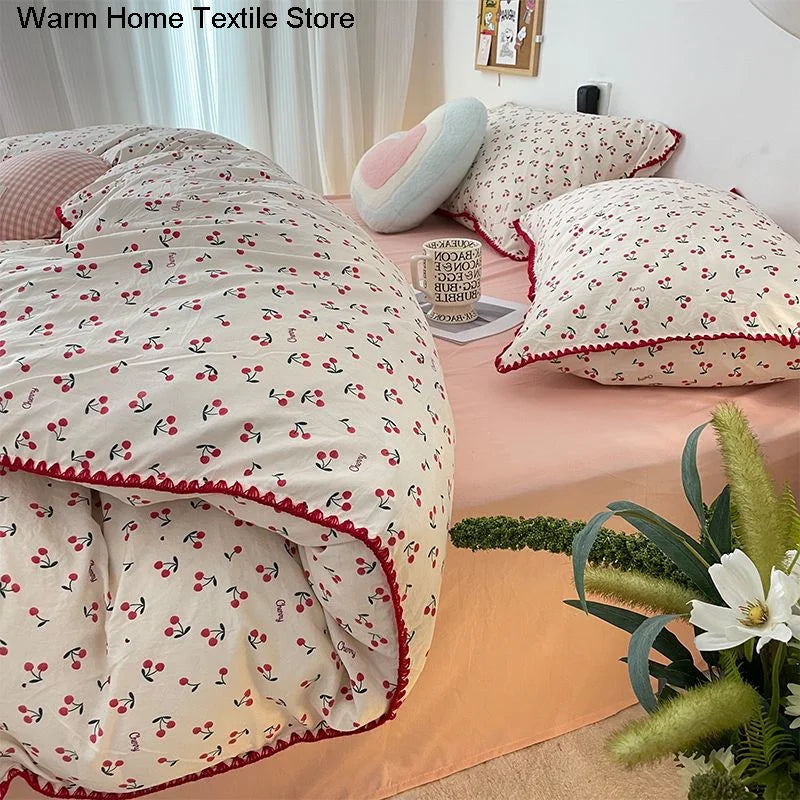 Bedding Set INS Girls Cherry Soft Washed Cotton Bed Sheet Queen King Size Duvet Set Comforter Set Pillowcase Bed Linens
