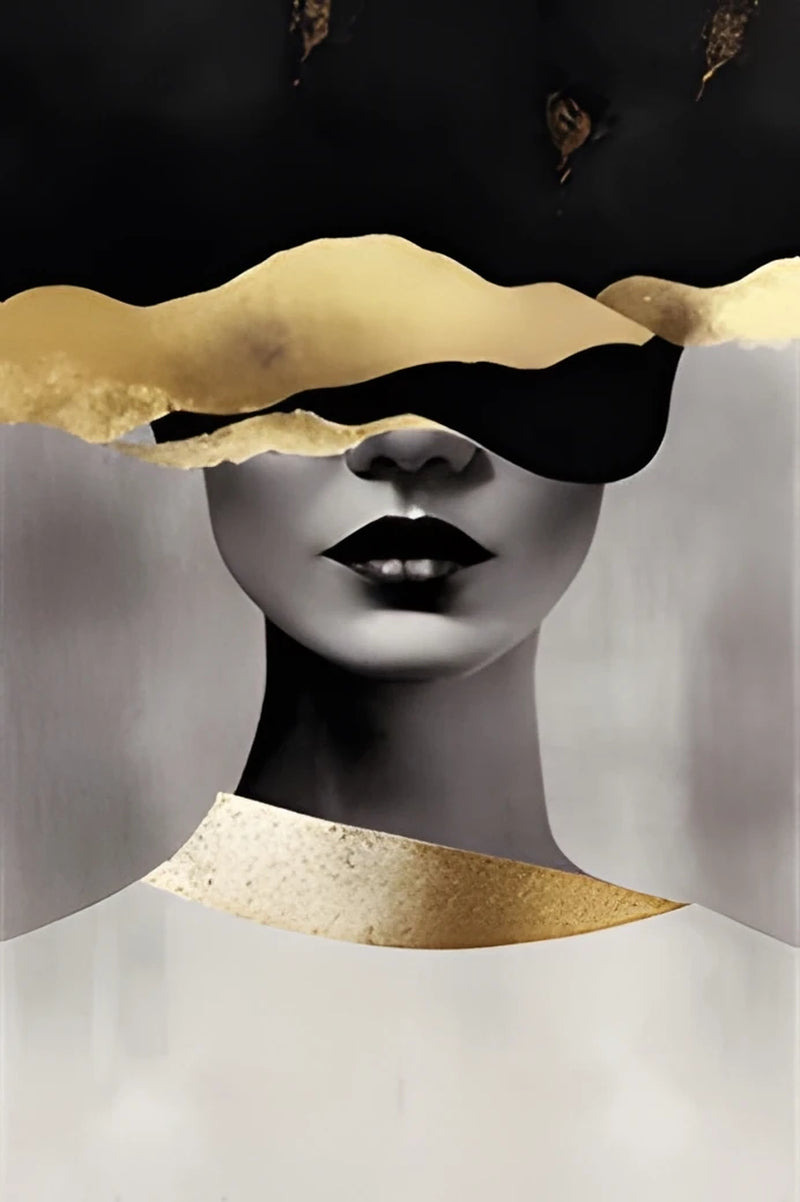 Black Gold Woman Head Print Canvas Painting, Abstract Luxury Figure Poster Wall Art, for Home Living Room Store Decor, No Frame