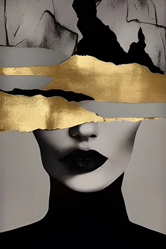 Black Gold Woman Head Print Canvas Painting, Abstract Luxury Figure Poster Wall Art, for Home Living Room Store Decor, No Frame