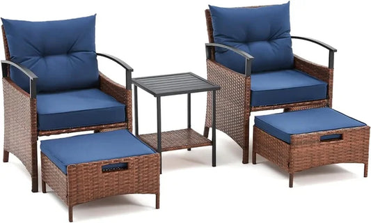 5 Pieces Patio Furniture Set,Outdoor Rattan Chairs with Metal Coffee Table, Soft Cushions,Wicker Conversation Bistro Set (Blue)