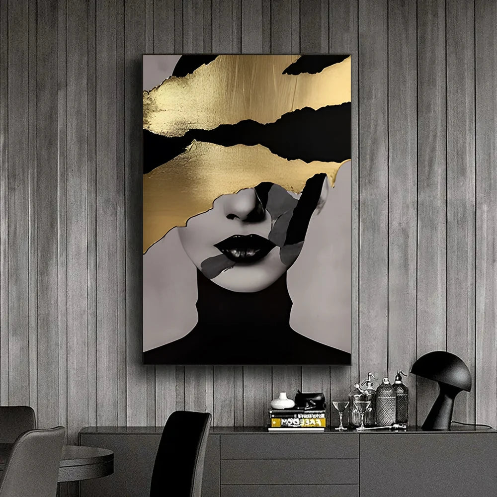 Black Gold Woman Head Print Canvas Painting, Abstract Luxury Figure Poster Wall Art, for Home Living Room Store Decor, No Frame