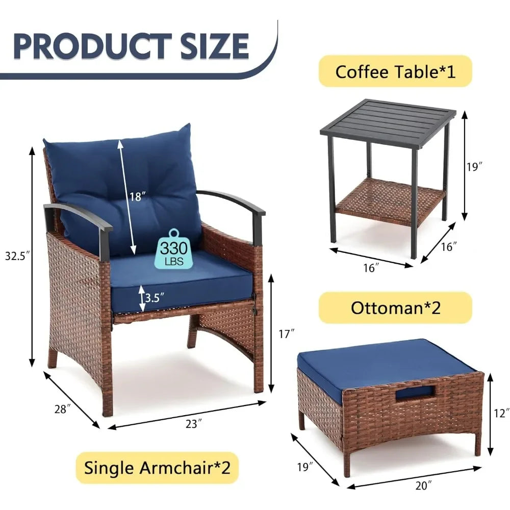 5 Pieces Patio Furniture Set,Outdoor Rattan Chairs with Metal Coffee Table, Soft Cushions,Wicker Conversation Bistro Set (Blue)