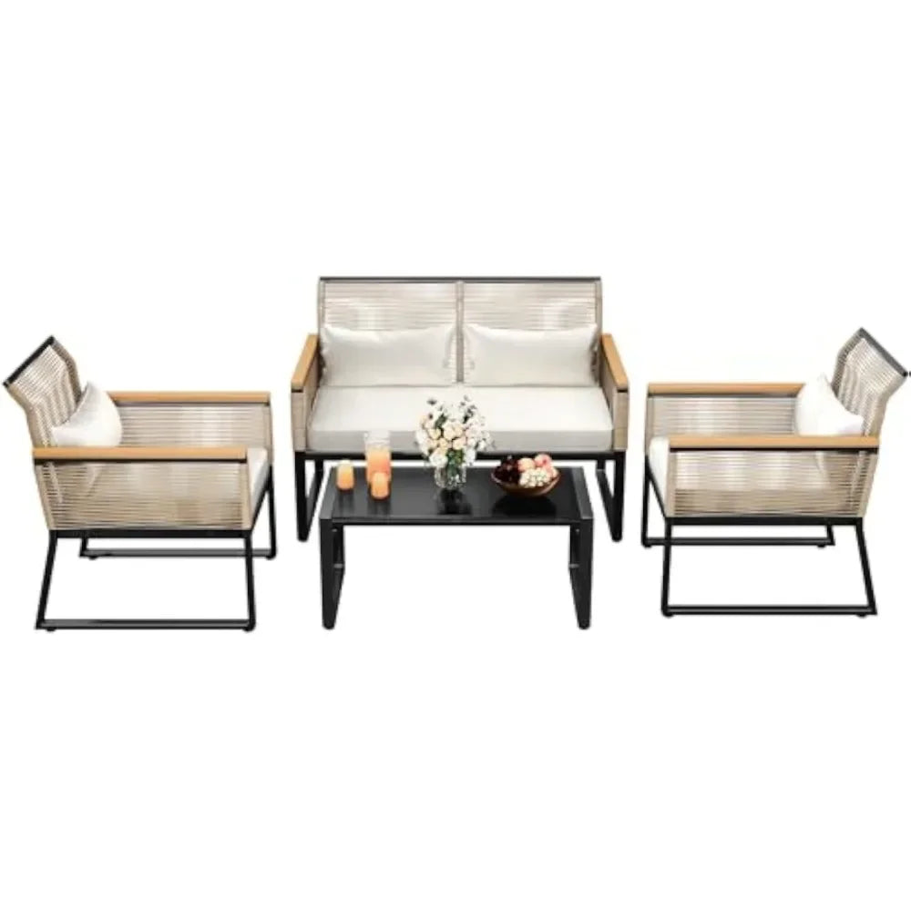 Patio Furniture Wicker Outdoor Bistro Set, 4-Piece All Weather Rattan Loveseat for Backyard, Coffee Table, Mesa Outdoor Table