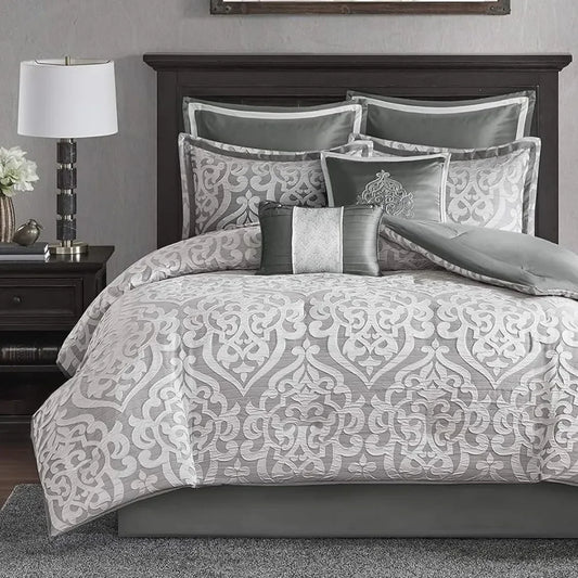 Cozy Comforter Set Jacquard Damask Medallion Design All Season,Down Alternative Bedding, Shams,King 104 in X92 in Silver 8 Piece